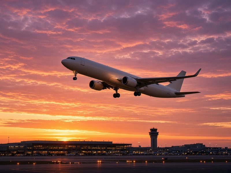 Passenger jet taking off over an airport terminal at sunset