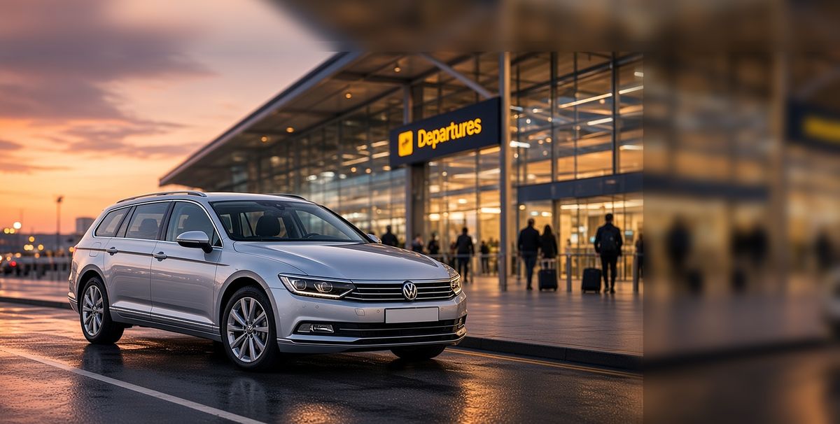 Silver Volkswagen Passat Estate parked outside an airport departures terminal at dusk