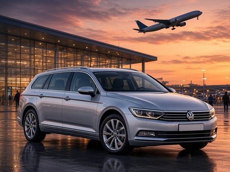 KCARS silver Volkswagen Passat Estate outside an airport terminal